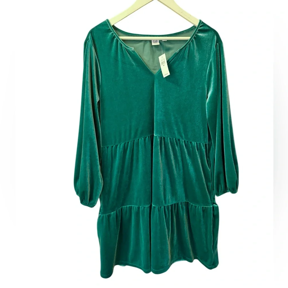 GAP NWT Velvet Tiered Mini Dress Tropic Kelly Green Women's size M